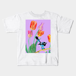 Abstract Blue Wren and Tulips Painting - on Lilac Kids T-Shirt